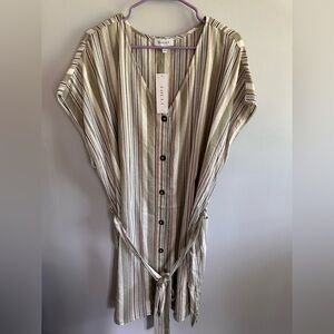 Gilli Striped Button-Front Tie-Waist Dress in Olive, Cream & Taupe